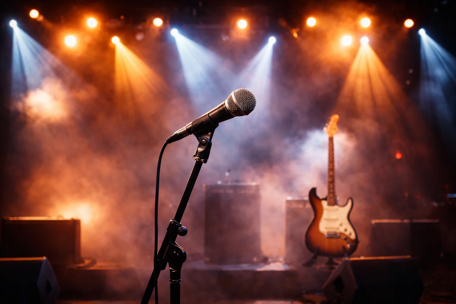 Mikrofon på en upplyst scen med scenljus och en gitarr i bakgrunden.